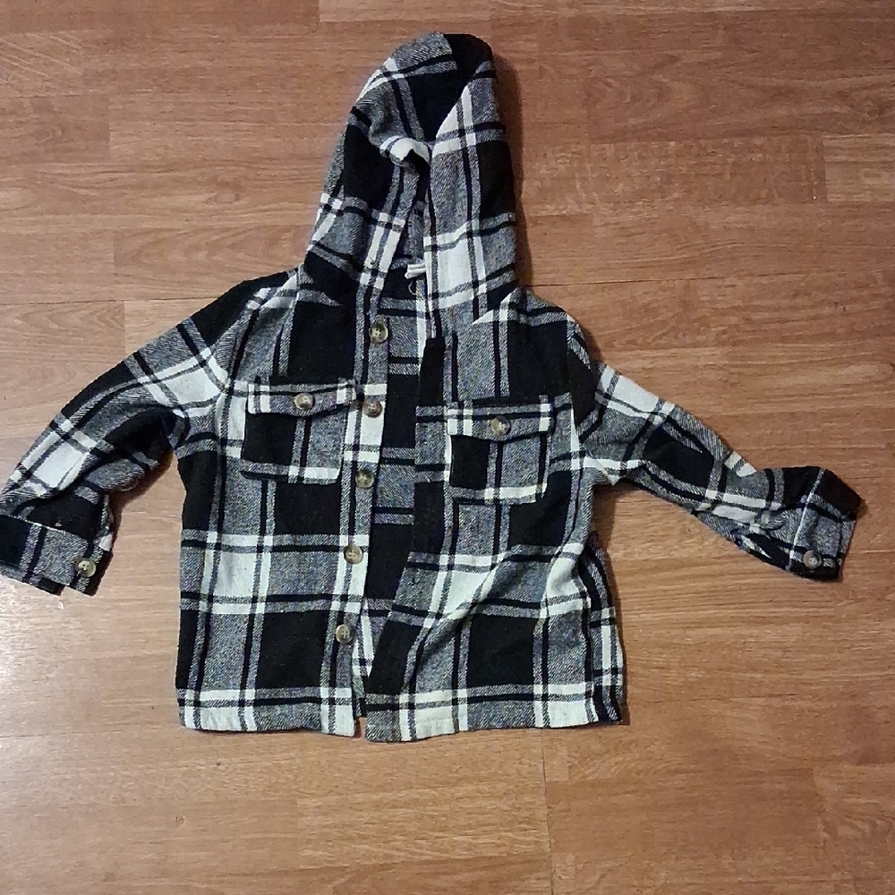 🛍 SHEIN Kids Plaid Hoodie Shacket- Black and White